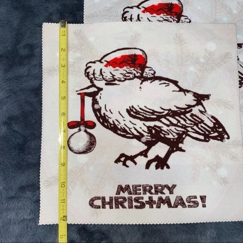 Set of 4 Christmas‎ placemats. 12” square bird with Santa hat